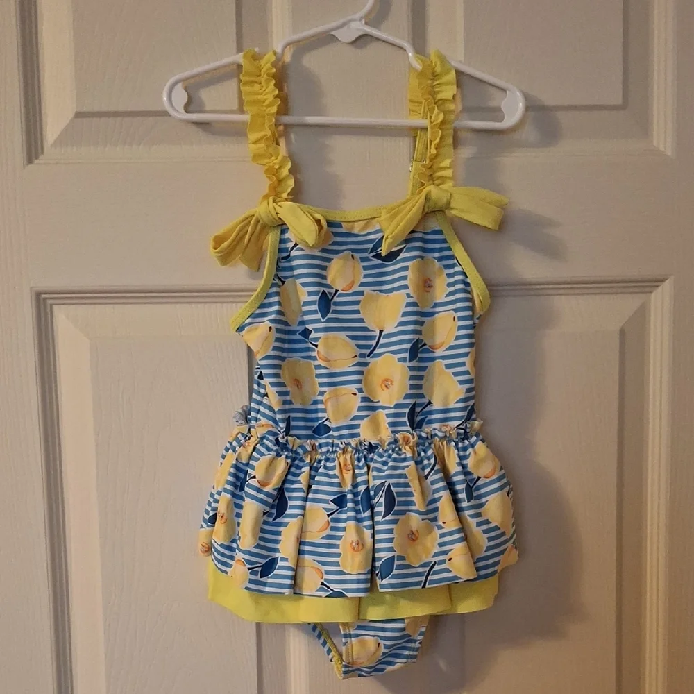 Yellow Floral and Blue Striped Swimsuit